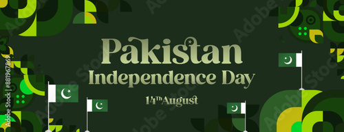 Pakistan Independence Day banner in modern geometric style. Wide banner with typography and also country flag. Background for National holiday celebration party. Happy Independence Day of Pakistan