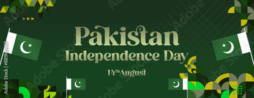 Pakistan Independence Day banner in modern geometric style. Wide banner with typography and also country flag. Background for National holiday celebration party. Happy Independence Day of Pakistan