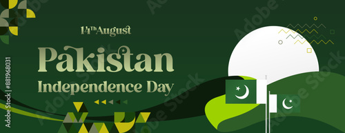 Pakistan Independence Day banner in modern geometric style. Wide banner with typography and also country flag. Background for National holiday celebration party. Happy Independence Day of Pakistan