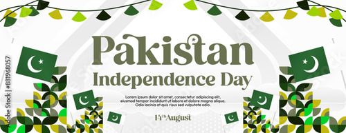 Pakistan Independence Day banner in modern geometric style. Wide banner with typography and also country flag. Background for National holiday celebration party. Happy Independence Day of Pakistan