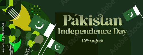 Pakistan Independence Day banner in modern geometric style. Wide banner with typography and also country flag. Background for National holiday celebration party. Happy Independence Day of Pakistan