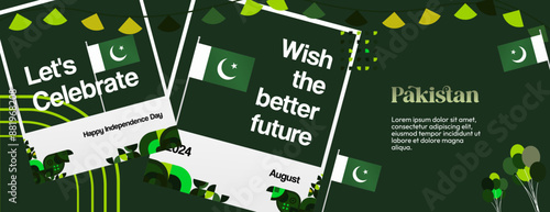 Pakistan Independence Day banner in modern geometric style. Wide banner with typography and also country flag. Background for National holiday celebration party. Happy Independence Day of Pakistan