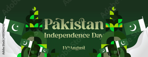 Pakistan Independence Day banner in modern geometric style. Wide banner with typography and also country flag. Background for National holiday celebration party. Happy Independence Day of Pakistan