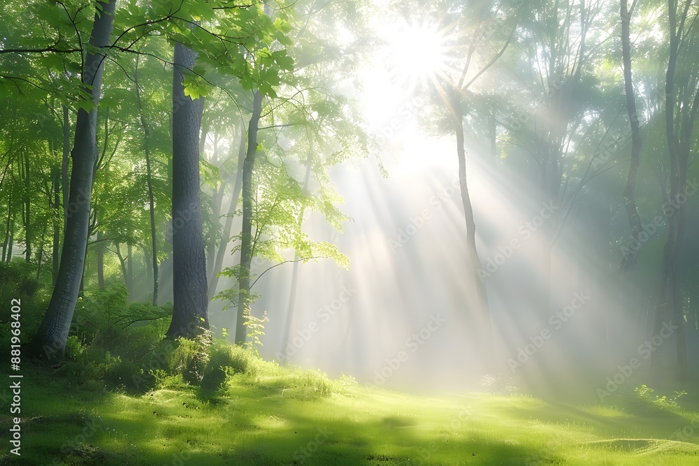 Sunbeams illuminate lush greenery in a tranquil forest, casting a serene ethereal glow. Sunbeams illuminate lush greenery in a tranquil forest, casting a serene ethereal glow.