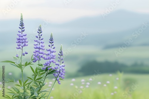 Delicate purple flowers bloom in a serene, misty mountain landscape with rolling green hills.