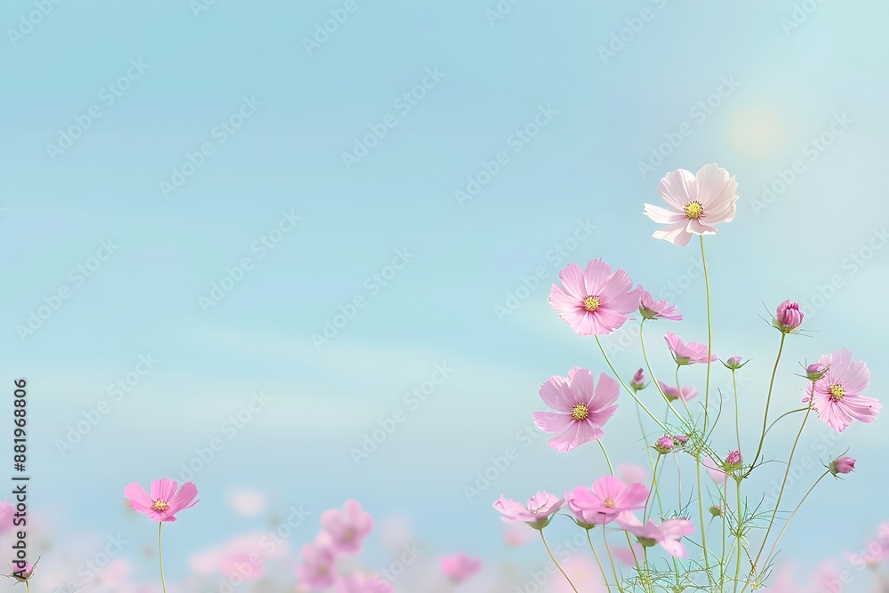 Obraz premium Blooming pink cosmos flowers under clear blue sky with soft sunlight enhancing delicate petals