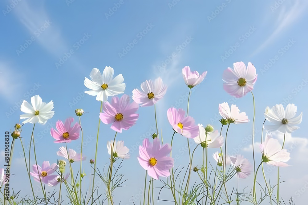 Delicate pink and white cosmos flowers reaching towards a clear blue sky on a sunny day. Delicate pink and white cosmos flowers reaching towards a clear blue sky on a sunny day.