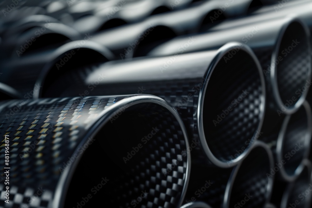 Close-up view of black pipes with Carbon fiber arranged diagonally. Each pipe has distinct texture from smooth to rough adding visual interest. Blurred background draws focus on intricate details. Close-up view of black pipes with Carbon fiber arranged diagonally. Each pipe has distinct texture from smooth to rough adding visual interest. Blurred background draws focus on intricate details.