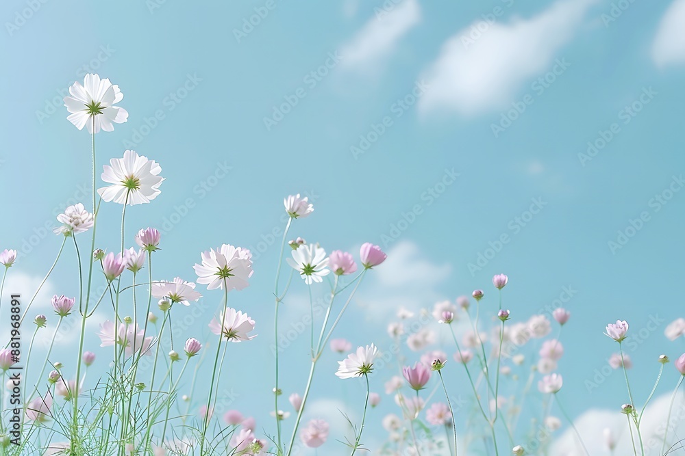 Delicate pink and white flowers flourishing under a serene blue sky with wispy clouds. Delicate pink and white flowers flourishing under a serene blue sky with wispy clouds.