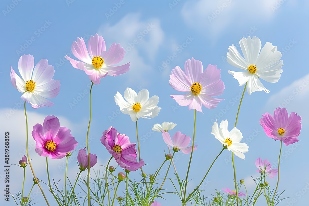 Delicate pink and white cosmos flowers blooming against a blue sky with fluffy clouds. Delicate pink and white cosmos flowers blooming against a blue sky with fluffy clouds.