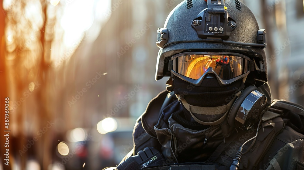 Tactical rescuer in full gear with reflective goggles in urban setting Tactical rescuer in full gear with reflective goggles in urban setting