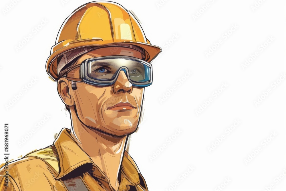 A man wearing a hard hat and safety goggles, indicating his profession as a construction worker. He appears to be in a work zone, ready to tackle a task. A man wearing a hard hat and safety goggles, indicating his profession as a construction worker. He appears to be in a work zone, ready to tackle a task.