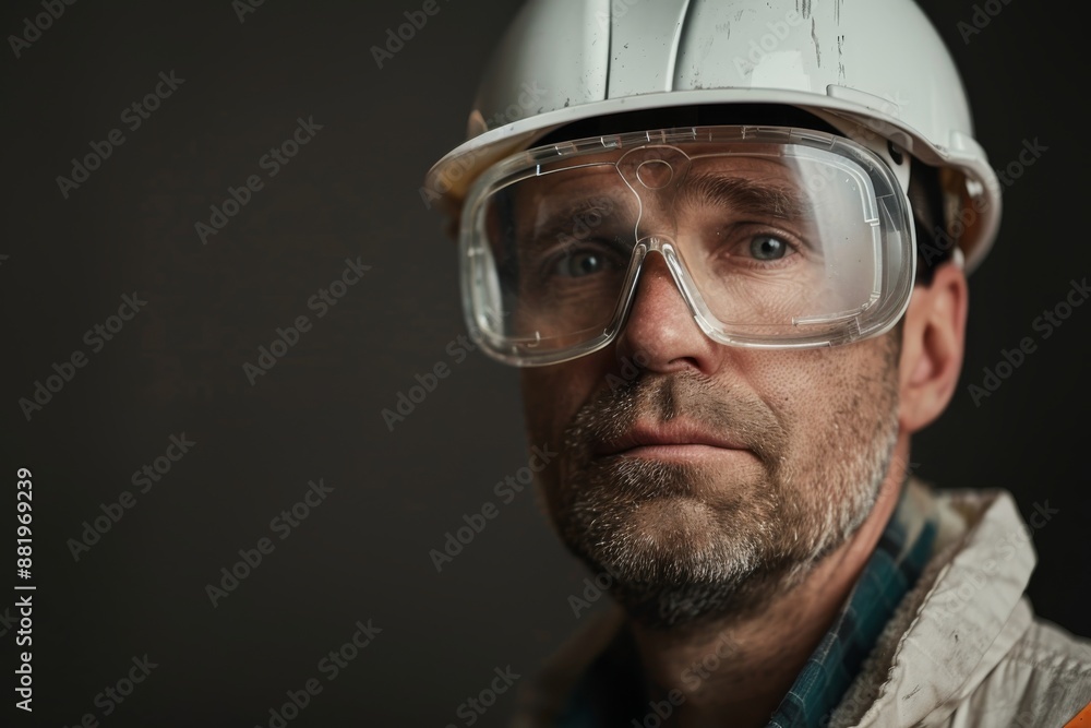 Fototapeta premium A man wearing a hard hat and safety goggles, indicating he is a construction worker on a building site. He appears to be focused on his work.