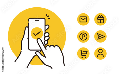 キャッシュレス、メール送受信、オンライン決済説明などに使える スマートフォンをタッチするイラスト素材