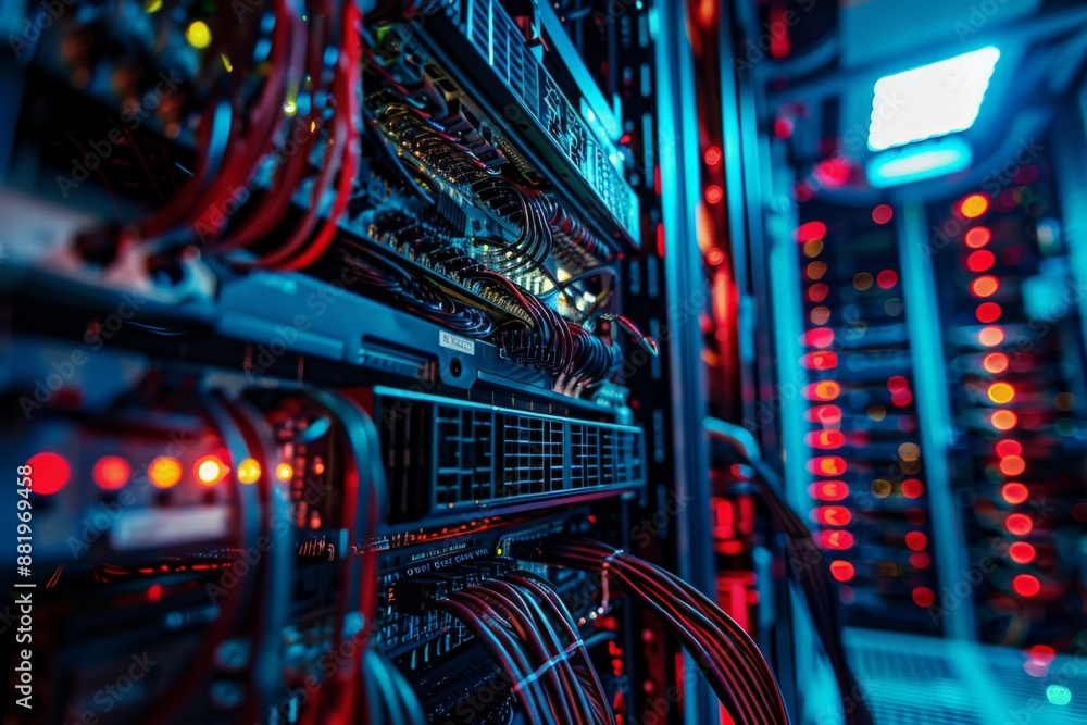 High-performance servers in a data center with cooling vents and organized wiring, showcasing the advanced technology and meticulous organization required for server operations High-performance servers in a data center with cooling vents and organized wiring, showcasing the advanced technology and meticulous organization required for server operations