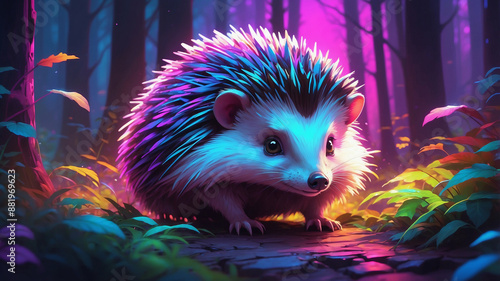 Synthwave cute hedgehog with colorful fur and large eyes stands in forest, with glowing pink and purple light illuminating trees and foliage © yevhen89