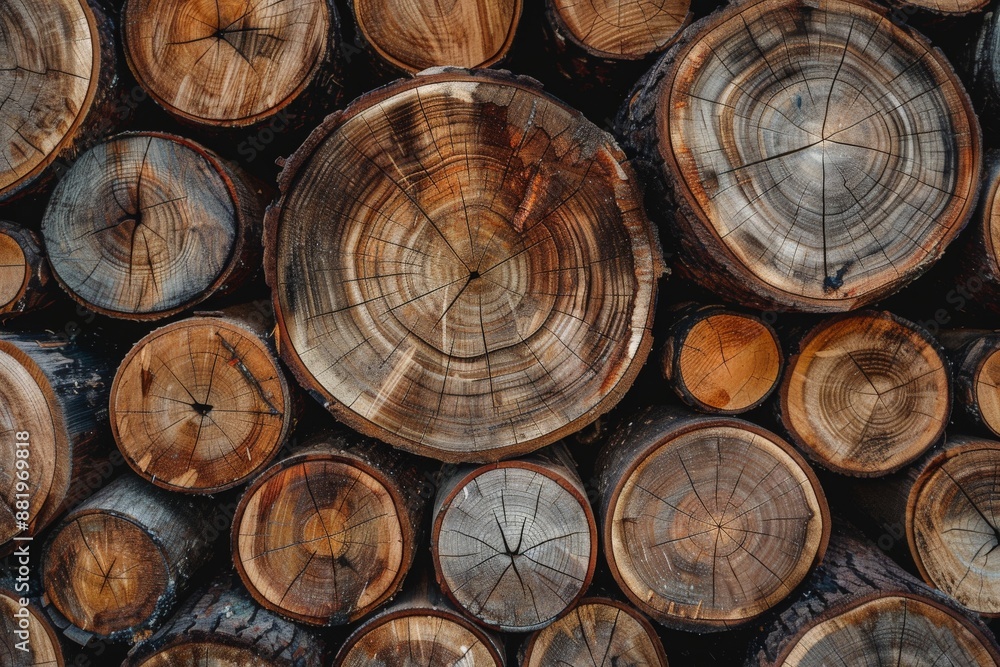 Log pile with varied diameters and lengths, stacked orderly against a simple background, showcasing the diversity and raw beauty of natural wood materials Log pile with varied diameters and lengths, stacked orderly against a simple background, showcasing the diversity and raw beauty of natural wood materials