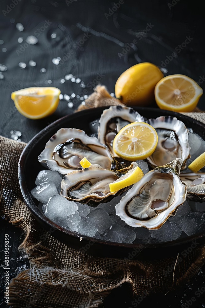 Fresh Oysters on Ice with Lemon Slices on Dark Background Fresh Oysters on Ice with Lemon Slices on Dark Background