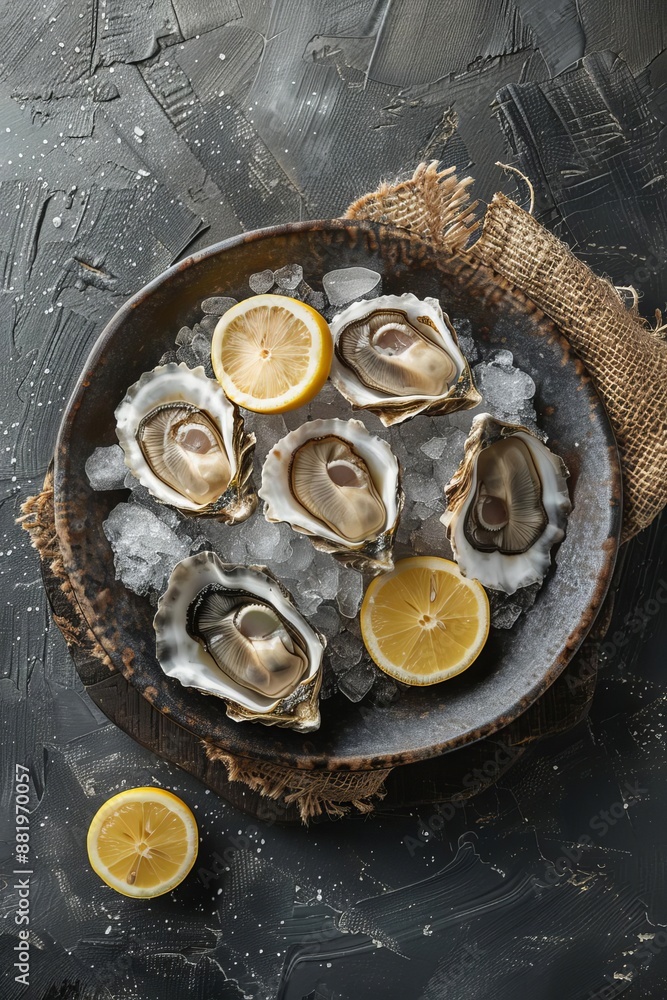 Fresh Oysters on Ice with Lemons on Dark Rustic Background Fresh Oysters on Ice with Lemons on Dark Rustic Background