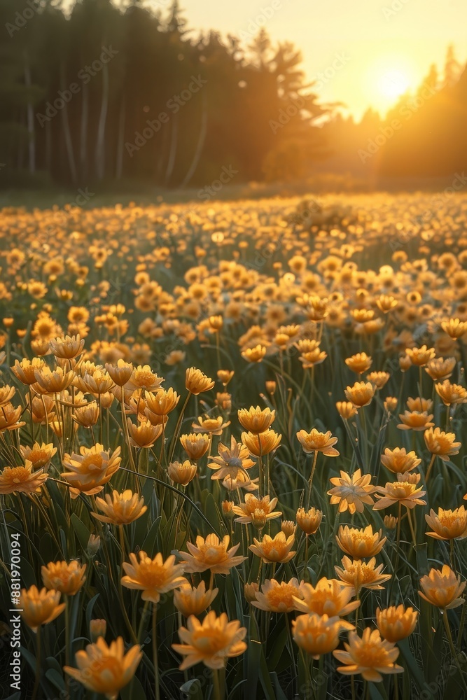 Obraz premium The grassland is covered with dense yellow spiky structures, like fireworks blooming in the sunset sky.