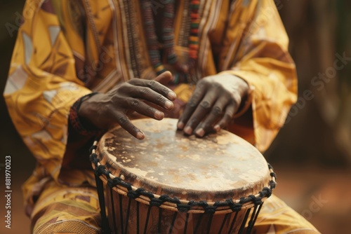 A person wearing traditional African clothing and holding a drum, hinting at their profession as a musician or cultural performer. 