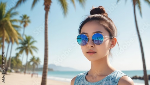 cute stylish Asian toddler girl wearing holographic sunglasses and casual colorful clothes with palms and beach in the background