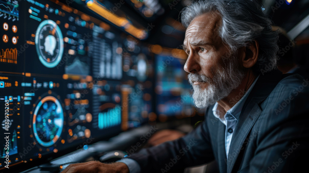 A man in a futuristic setting monitoring an advanced digital interface displaying global data and analytics, highlighting modern technology and data analysis. A man in a futuristic setting monitoring an advanced digital interface displaying global data and analytics, highlighting modern technology and data analysis.