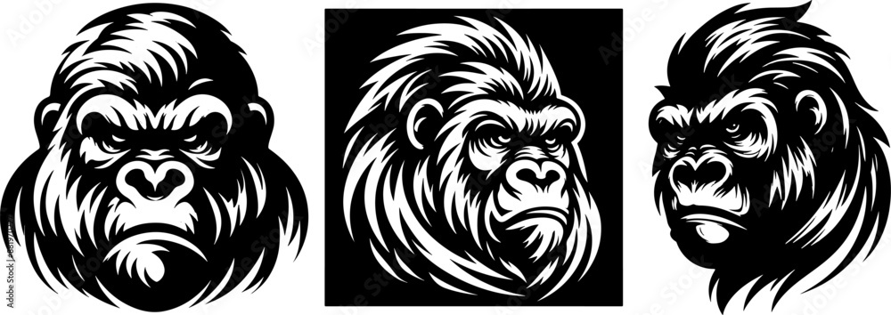 Stylized gorilla heads. Silhouette of a gorilla head. Angry gorilla. Gorilla. Stylized gorilla heads. Silhouette of a gorilla head. Angry gorilla. Gorilla.