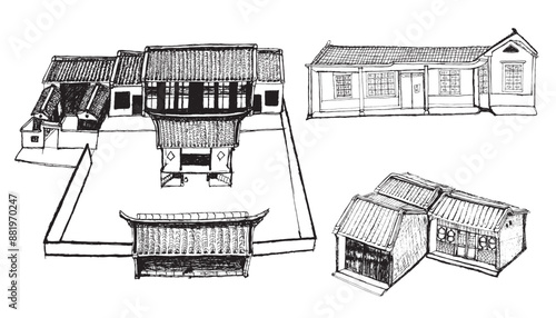 Hand-drawn Illustration of Traditional Hokkien folk house photo