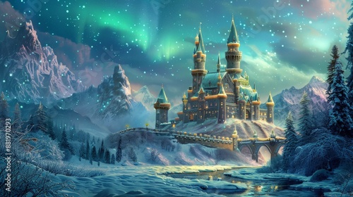 Snow-covered kingdom with a castle illuminated by the northern lights, showcasing the enchanting beauty of a winter realm 