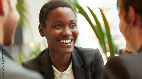 Black woman smiling during conversation at a business event.