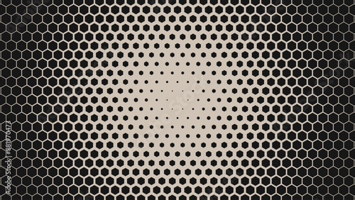 Dynamic Moving Hexagons Ring Circle on Hexagonal Grid. Abstract Geometric Monochrome Pattern. Abstract Tech Background. Vector Illustration. Halftone Multi Scale Pattern.