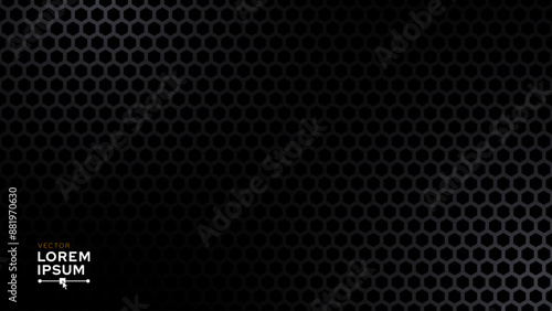 Black Metal Hexagon Grid Steel Background. Hexagonal Holes Perforated Sheet Metal or Carbon Fiber Texture. New Strong Nanomaterial Technology Abstract Vector Illustration.
