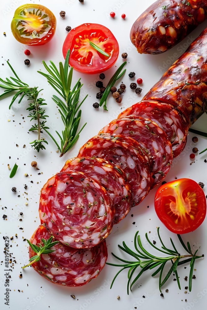Assorted Sliced Salami With Fresh Rosemary and Tomatoes on White Background Assorted Sliced Salami With Fresh Rosemary and Tomatoes on White Background