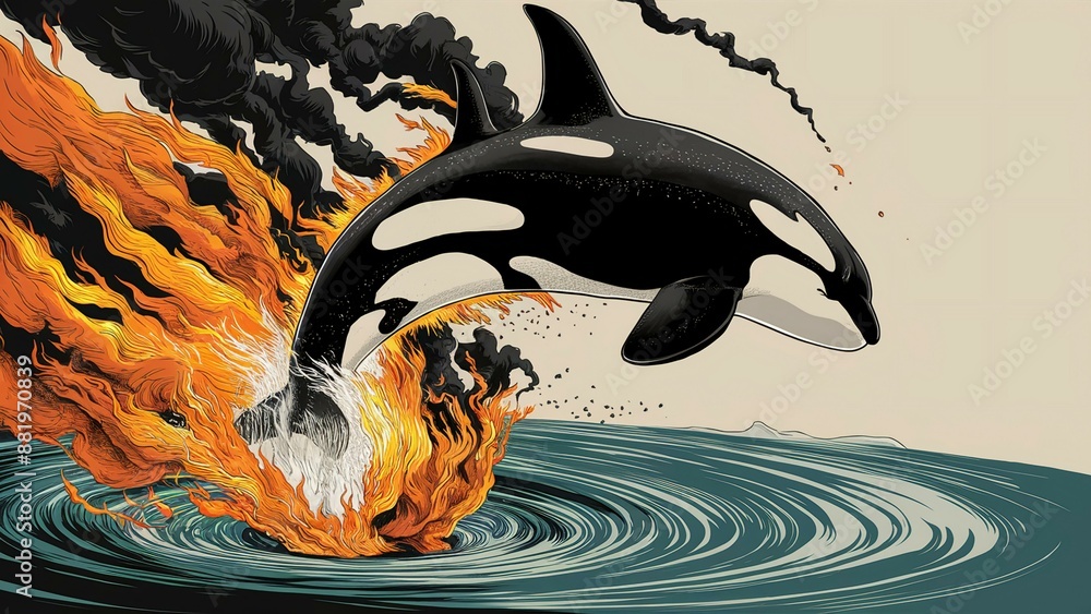 Dramatic, cinematic depiction of a majestic orca whale breaching the ...