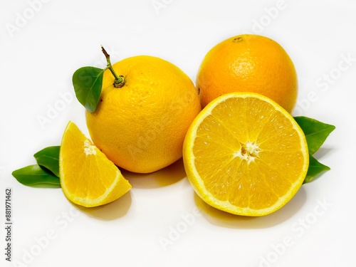 Fresh oranges with sliced on white background 