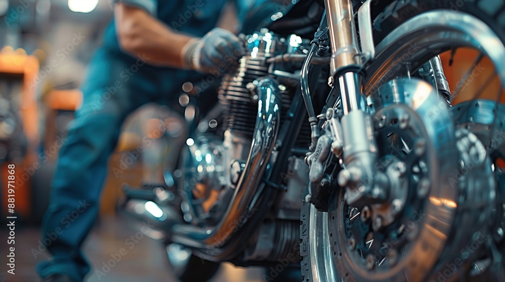 A man is working on a motorcycle A man is working on a motorcycle