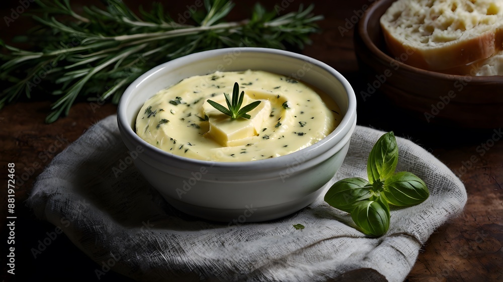 Healthy homemade garlic herb butter with sprigs, parsley & basil green leaves on wooden table or fresh creamy dairy product on white bowl Healthy homemade garlic herb butter with sprigs, parsley & basil green leaves on wooden table or fresh creamy dairy product on white bowl