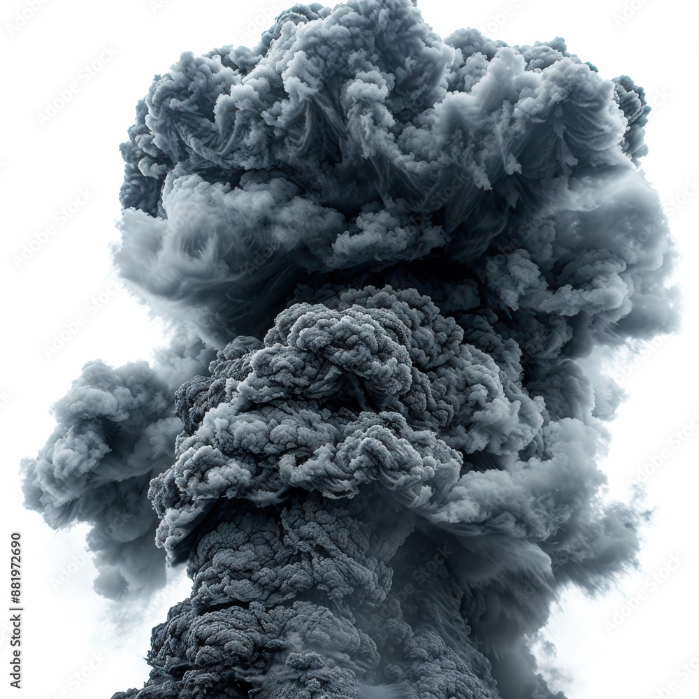 Volcanic ash clouding the sky after an eruption, dark and dense, white background Volcanic ash clouding the sky after an eruption, dark and dense, white background