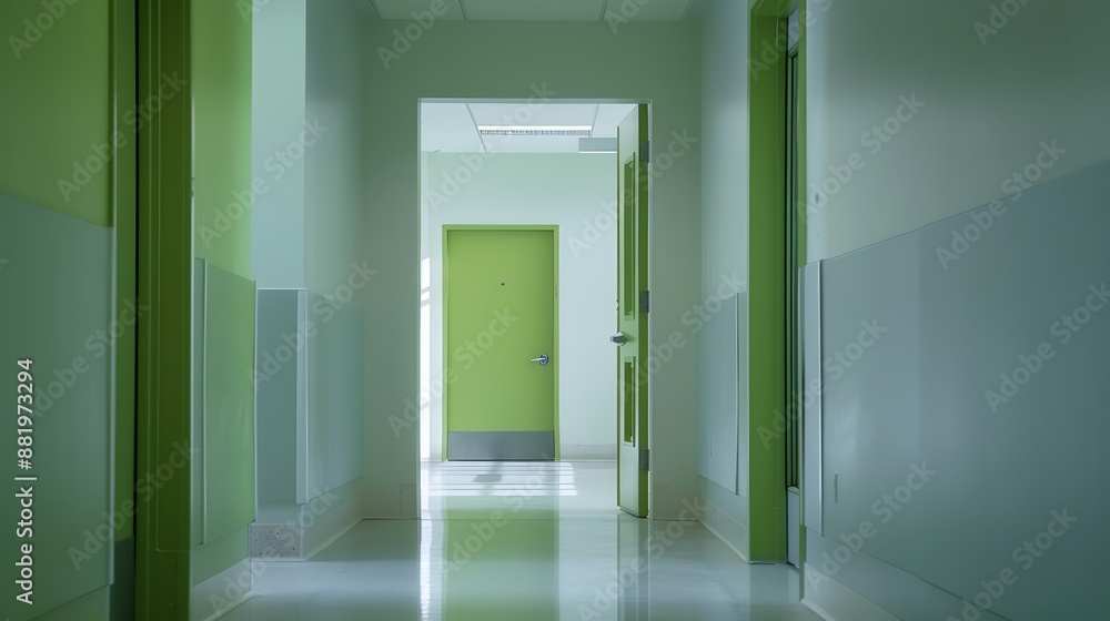Empty white room seen through green doorway in modern hospital. Empty white room seen through green doorway in modern hospital.