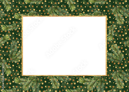 Christmas holiday greeting card or frame with hand drawn fir tree branches. Festive background with place for text.