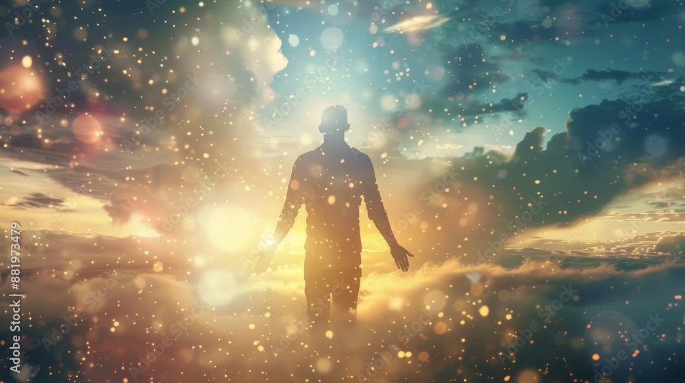Silhouette of a person amidst a surreal, dreamy cosmic landscape, radiating light and surrounded by stars and clouds. Silhouette of a person amidst a surreal, dreamy cosmic landscape, radiating light and surrounded by stars and clouds.