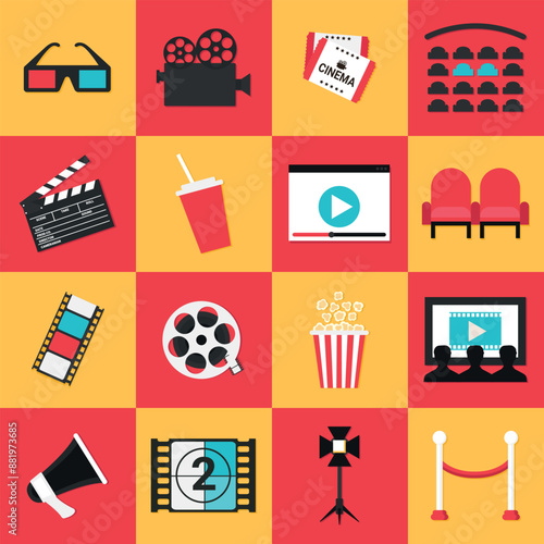 Cinema movie icons set. 3d glasses, camera, tickets, movie theater reservation, clapper board, film strip, film reel, popcorn bucket, movie theater screen, light projector
