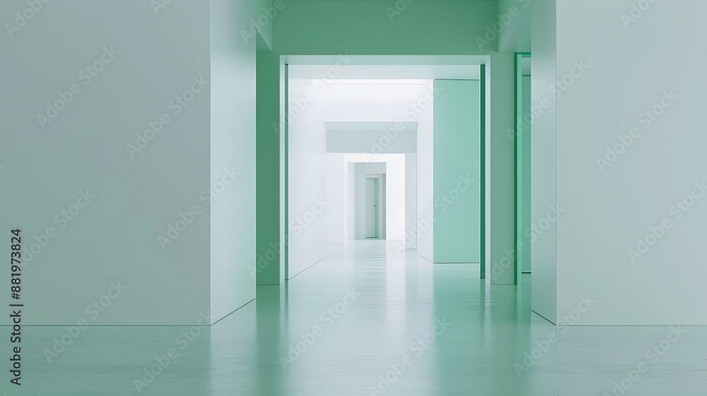 Fototapeta premium Empty white room seen through green doorway in modern hospital. 