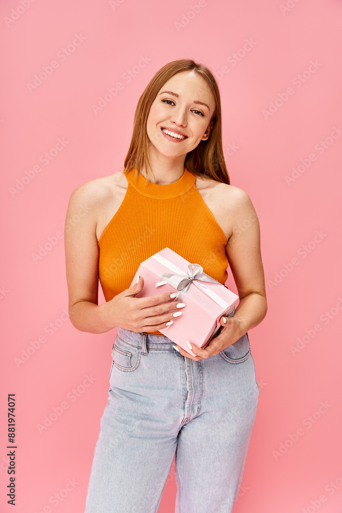 A diverse, attractive woman wearing an orange top holds a present. A diverse, attractive woman wearing an orange top holds a present.