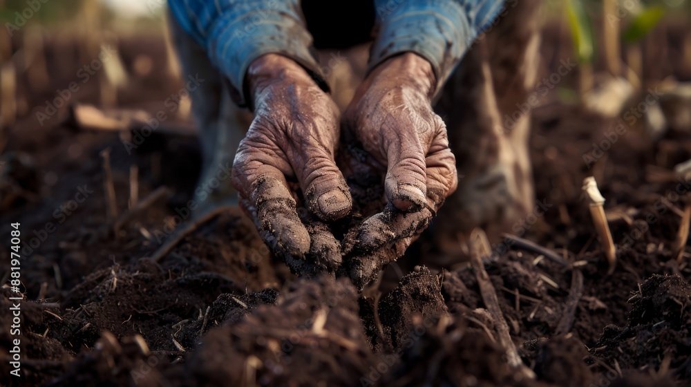 Photograph of a farmer's hand holding a potted plant. Photograph of a farmer's hand holding a potted plant.