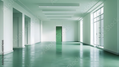 Empty white room seen through green doorway in modern hospital. 