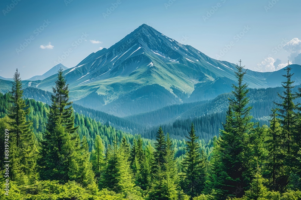 Majestic Mountain Peaks Towering Above Lush Green Coniferous Forest Majestic Mountain Peaks Towering Above Lush Green Coniferous Forest