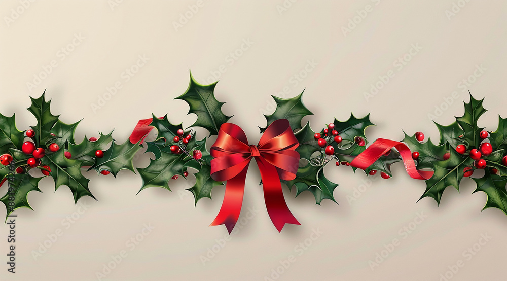 Christmas decoration with holly and red ribbon bow on beige background vector illustration, flat design, detailed, high resolution, professional photograph Christmas decoration with holly and red ribbon bow on beige background vector illustration, flat design, detailed, high resolution, professional photograph