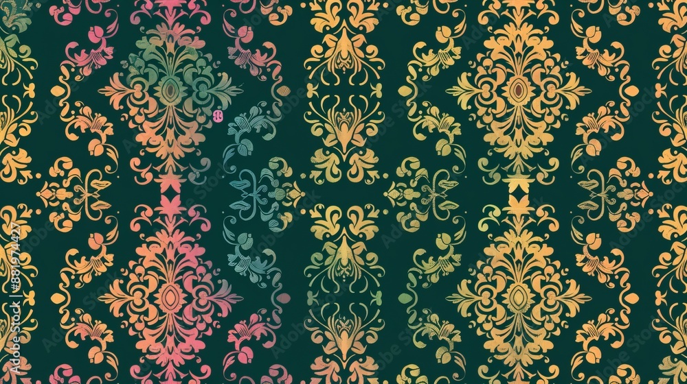 Elegant Damask Seamless Pattern: Luxurious Foliage with Curly Elements in Gold, Pink, and Green Tones Elegant Damask Seamless Pattern: Luxurious Foliage with Curly Elements in Gold, Pink, and Green Tones